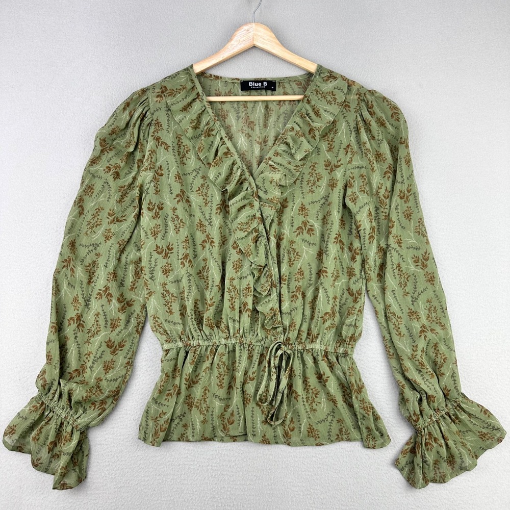 Blue B‎ Floral Blouse Womens M Green Floral Ruffle Semi Sheer